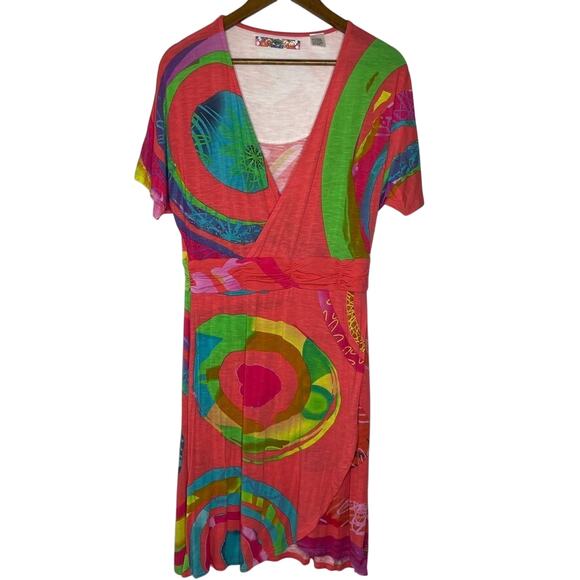 Desigual Dress XL Bright V-Neck Boho Artsy Vibrant Short Sleeve Art - Picture 1 of 5